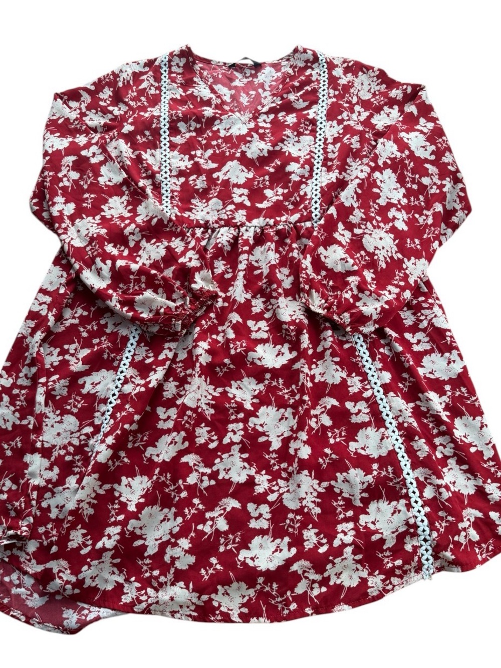 Dokotoo Women Size XL Red Floral Long Sleeve V-Neck Crochet Trim Babydoll Dress
